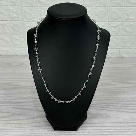 Handcrafted Necklace w/ Clear Quarts Crystal Amazonite Beads Pearl Toggle Clasp - Picture 1 of 6